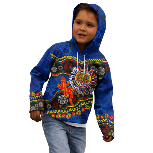 Personalized 60th Birthday Aboriginal Art Kid Hoodie Indigenous Dot Painting Vintage Sun Lizard