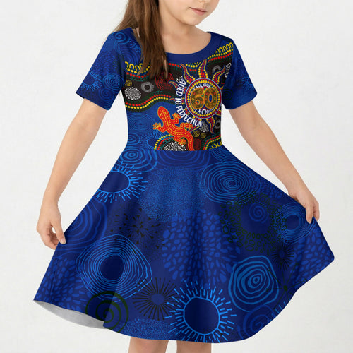 Personalized 60th Birthday Aboriginal Art Kid Short Sleeve Dress Indigenous Dot Painting Vintage Sun Lizard