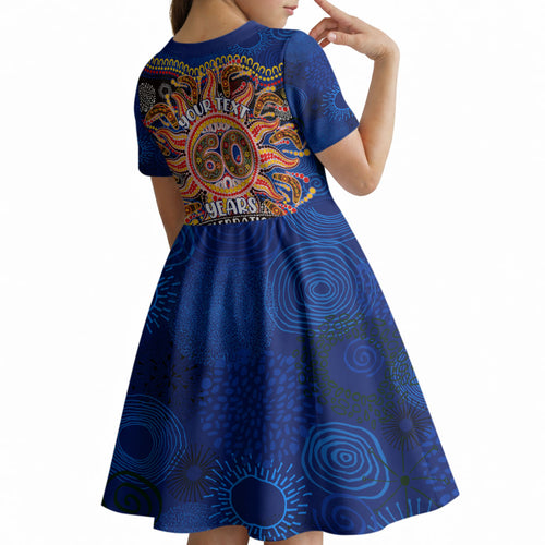 Personalized 60th Birthday Aboriginal Art Kid Short Sleeve Dress Indigenous Dot Painting Vintage Sun Lizard