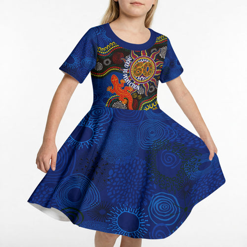 Personalized 60th Birthday Aboriginal Art Kid Short Sleeve Dress Indigenous Dot Painting Vintage Sun Lizard