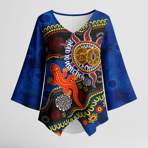 Personalized 60th Birthday Aboriginal Art Kimono Sleeve Blouse Indigenous Dot Painting Vintage Sun Lizard