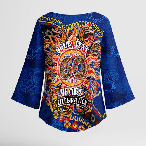 Personalized 60th Birthday Aboriginal Art Kimono Sleeve Blouse Indigenous Dot Painting Vintage Sun Lizard