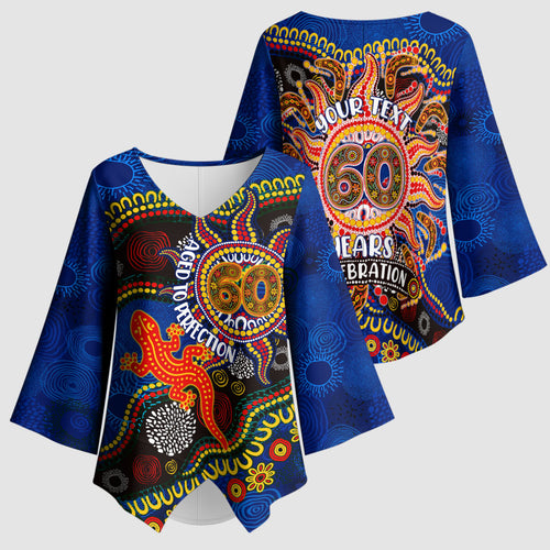 Personalized 60th Birthday Aboriginal Art Kimono Sleeve Blouse Indigenous Dot Painting Vintage Sun Lizard