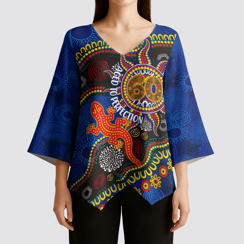 Personalized 60th Birthday Aboriginal Art Kimono Sleeve Blouse Indigenous Dot Painting Vintage Sun Lizard
