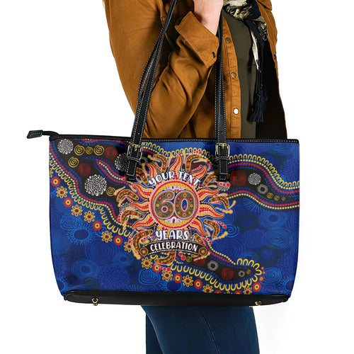 Personalized 60th Birthday Aboriginal Art Leather Tote Bag Indigenous Dot Painting Vintage Sun Lizard