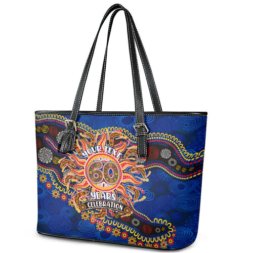 Personalized 60th Birthday Aboriginal Art Leather Tote Bag Indigenous Dot Painting Vintage Sun Lizard