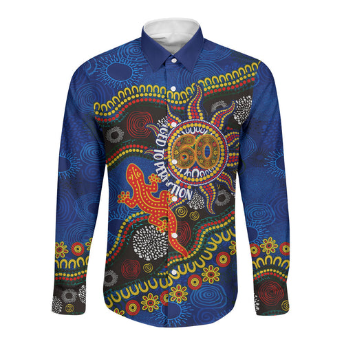 Personalized 60th Birthday Aboriginal Art Long Sleeve Button Shirt Indigenous Dot Painting Vintage Sun Lizard