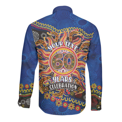 Personalized 60th Birthday Aboriginal Art Long Sleeve Button Shirt Indigenous Dot Painting Vintage Sun Lizard