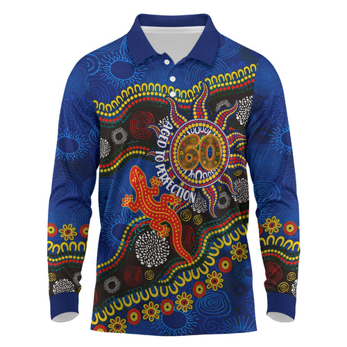 Personalized 60th Birthday Aboriginal Art Long Sleeve Polo Shirt Indigenous Dot Painting Vintage Sun Lizard