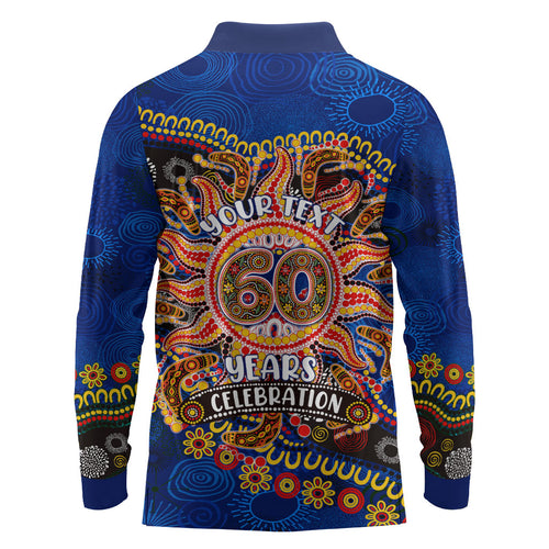 Personalized 60th Birthday Aboriginal Art Long Sleeve Polo Shirt Indigenous Dot Painting Vintage Sun Lizard