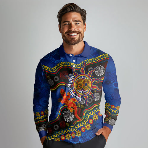 Personalized 60th Birthday Aboriginal Art Long Sleeve Polo Shirt Indigenous Dot Painting Vintage Sun Lizard