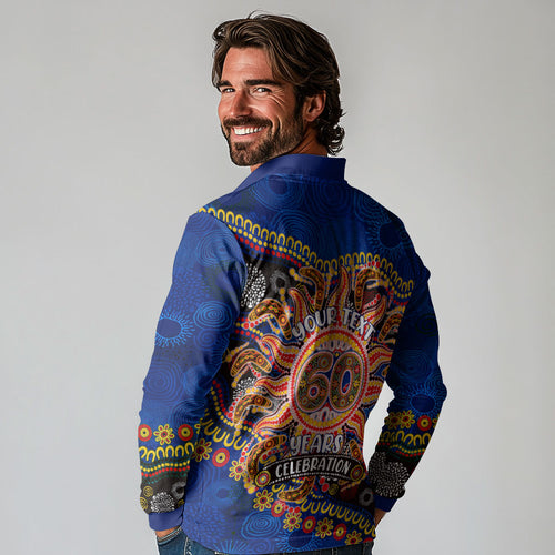 Personalized 60th Birthday Aboriginal Art Long Sleeve Polo Shirt Indigenous Dot Painting Vintage Sun Lizard