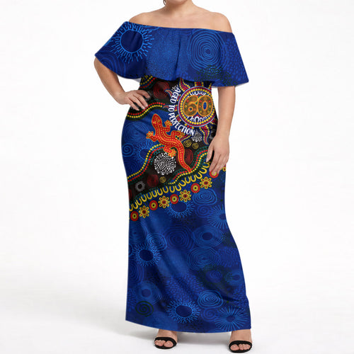 Personalized 60th Birthday Aboriginal Art Off Shoulder Maxi Dress Indigenous Dot Painting Vintage Sun Lizard