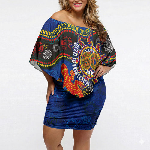 Personalized 60th Birthday Aboriginal Art Off Shoulder Short Dress Indigenous Dot Painting Vintage Sun Lizard