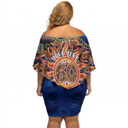 Personalized 60th Birthday Aboriginal Art Off Shoulder Short Dress Indigenous Dot Painting Vintage Sun Lizard