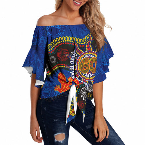 Personalized 60th Birthday Aboriginal Art Off Shoulder Wrap Waist Top Indigenous Dot Painting Vintage Sun Lizard