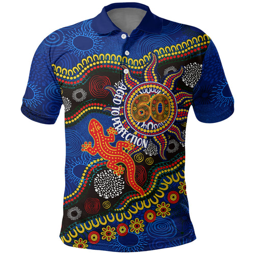 Personalized 60th Birthday Aboriginal Art Polo Shirt Indigenous Dot Painting Vintage Sun Lizard