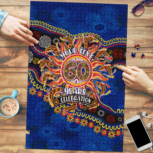 Personalized 60th Birthday Aboriginal Art Puzzle Indigenous Dot Painting Vintage Sun Lizard