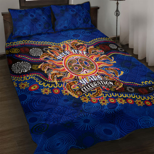 Personalized 60th Birthday Aboriginal Art Quilt Bed Set Indigenous Dot Painting Vintage Sun Lizard