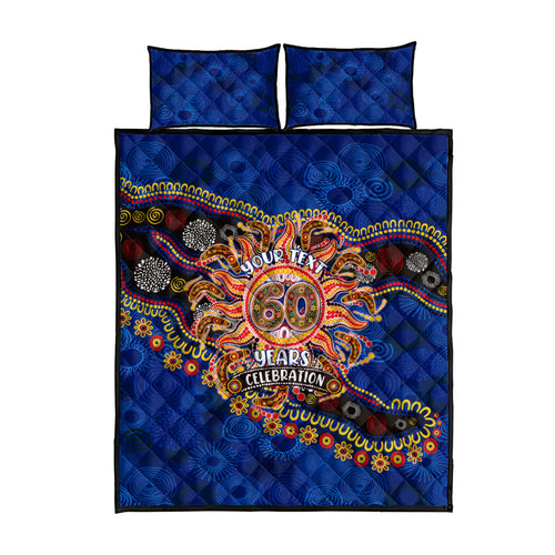 Personalized 60th Birthday Aboriginal Art Quilt Bed Set Indigenous Dot Painting Vintage Sun Lizard
