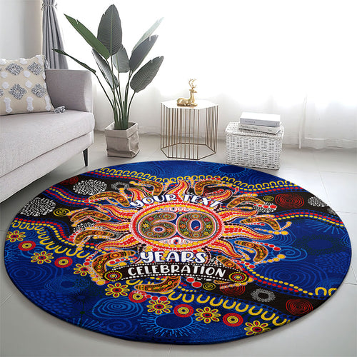 Personalized 60th Birthday Aboriginal Art Round Carpet Indigenous Dot Painting Vintage Sun Lizard