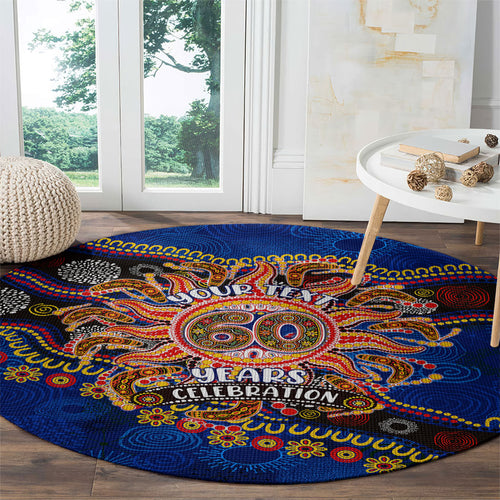 Personalized 60th Birthday Aboriginal Art Round Carpet Indigenous Dot Painting Vintage Sun Lizard