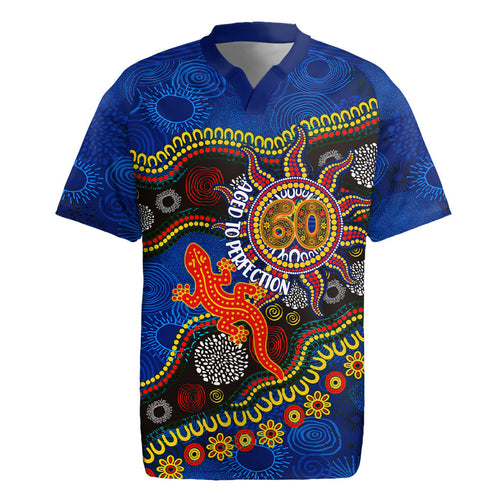 Personalized 60th Birthday Aboriginal Art Rugby Jersey Indigenous Dot Painting Vintage Sun Lizard