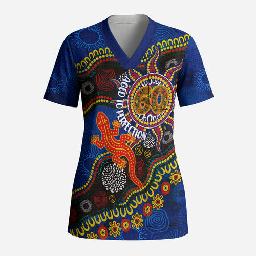 Personalized 60th Birthday Aboriginal Art Scrub Top Indigenous Dot Painting Vintage Sun Lizard
