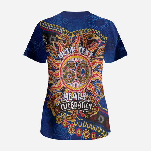 Personalized 60th Birthday Aboriginal Art Scrub Top Indigenous Dot Painting Vintage Sun Lizard