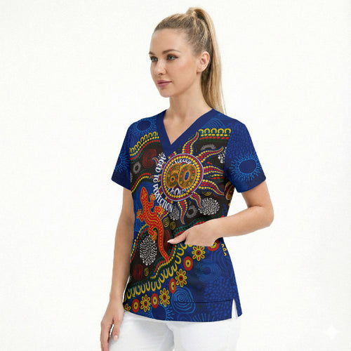 Personalized 60th Birthday Aboriginal Art Scrub Top Indigenous Dot Painting Vintage Sun Lizard