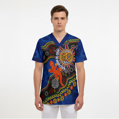 Personalized 60th Birthday Aboriginal Art Scrub Top Indigenous Dot Painting Vintage Sun Lizard