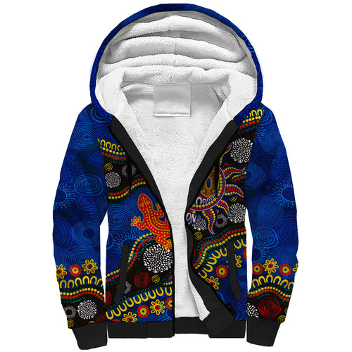 Personalized 60th Birthday Aboriginal Art Sherpa Hoodie Indigenous Dot Painting Vintage Sun Lizard