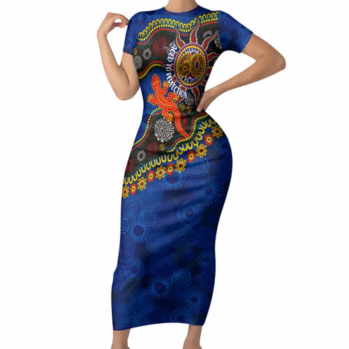 Personalized 60th Birthday Aboriginal Art Short Sleeve Bodycon Dress Indigenous Dot Painting Vintage Sun Lizard
