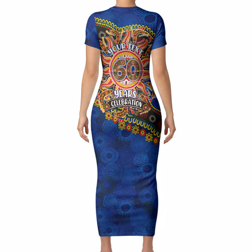 Personalized 60th Birthday Aboriginal Art Short Sleeve Bodycon Dress Indigenous Dot Painting Vintage Sun Lizard