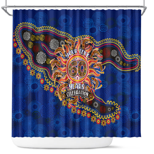 Personalized 60th Birthday Aboriginal Art Shower Curtain Indigenous Dot Painting Vintage Sun Lizard