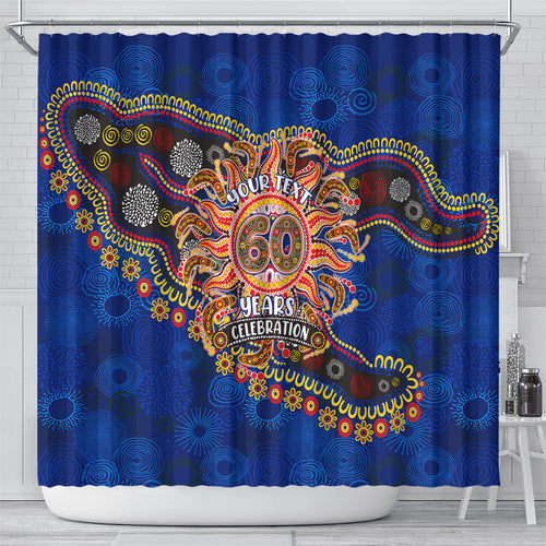 Personalized 60th Birthday Aboriginal Art Shower Curtain Indigenous Dot Painting Vintage Sun Lizard
