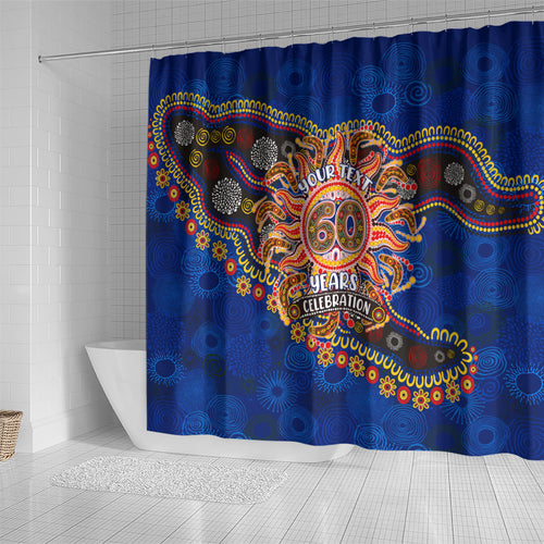 Personalized 60th Birthday Aboriginal Art Shower Curtain Indigenous Dot Painting Vintage Sun Lizard