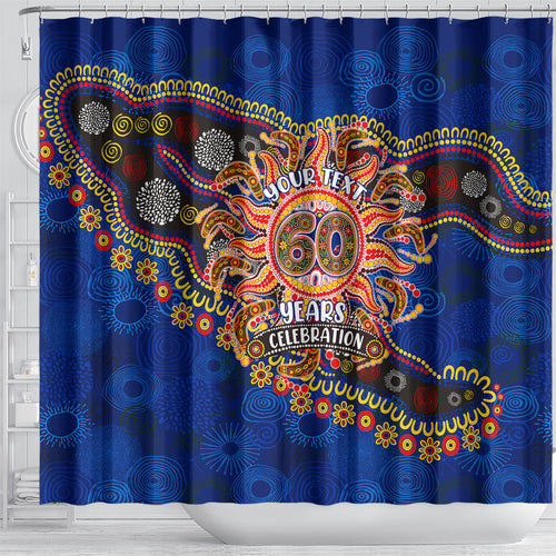 Personalized 60th Birthday Aboriginal Art Shower Curtain Indigenous Dot Painting Vintage Sun Lizard