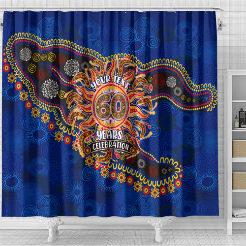 Personalized 60th Birthday Aboriginal Art Shower Curtain Indigenous Dot Painting Vintage Sun Lizard