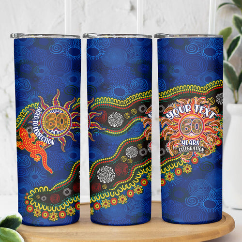 Personalized 60th Birthday Aboriginal Art Skinny Tumbler Indigenous Dot Painting Vintage Sun Lizard