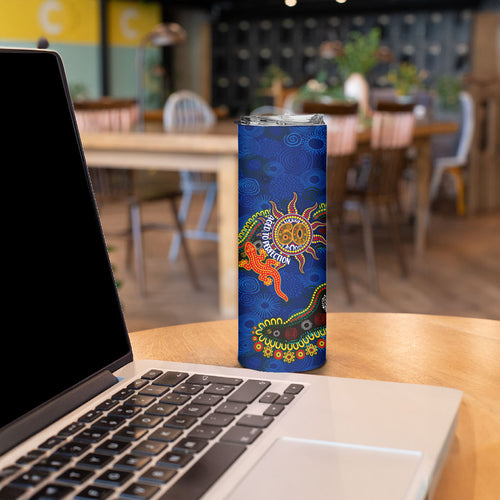Personalized 60th Birthday Aboriginal Art Skinny Tumbler Indigenous Dot Painting Vintage Sun Lizard