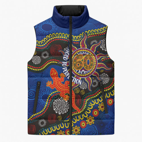 Personalized 60th Birthday Aboriginal Art Sleeveless Puffer Jacket Indigenous Dot Painting Vintage Sun Lizard