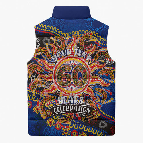 Personalized 60th Birthday Aboriginal Art Sleeveless Puffer Jacket Indigenous Dot Painting Vintage Sun Lizard