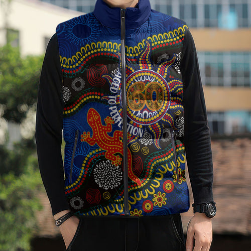 Personalized 60th Birthday Aboriginal Art Sleeveless Puffer Jacket Indigenous Dot Painting Vintage Sun Lizard