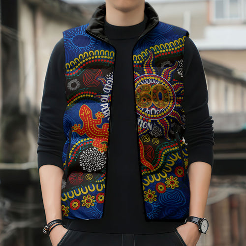 Personalized 60th Birthday Aboriginal Art Sleeveless Puffer Jacket Indigenous Dot Painting Vintage Sun Lizard