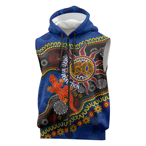 Personalized 60th Birthday Aboriginal Art Sleeveless Zip Hoodie Indigenous Dot Painting Vintage Sun Lizard