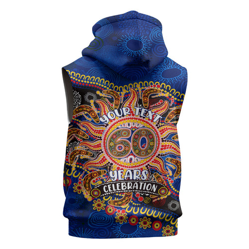 Personalized 60th Birthday Aboriginal Art Sleeveless Zip Hoodie Indigenous Dot Painting Vintage Sun Lizard