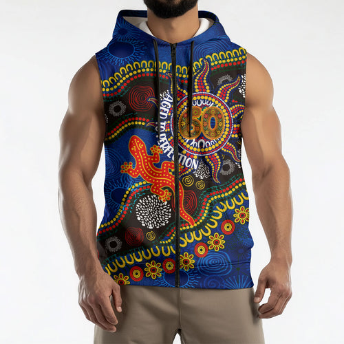 Personalized 60th Birthday Aboriginal Art Sleeveless Zip Hoodie Indigenous Dot Painting Vintage Sun Lizard