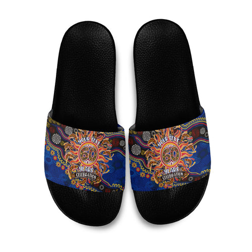 Personalized 60th Birthday Aboriginal Art Slide Sandals Indigenous Dot Painting Vintage Sun Lizard