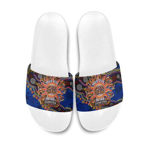 Personalized 60th Birthday Aboriginal Art Slide Sandals Indigenous Dot Painting Vintage Sun Lizard